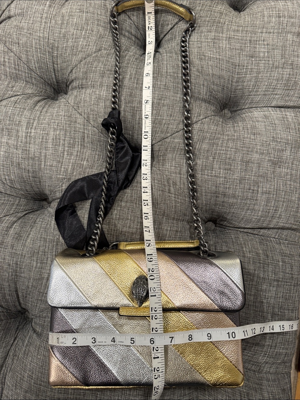 Kurt Geiger Bag Large Kensington Metallic Gold Silver Gray Stripe Shoulder Bag - Picture 17 of 17